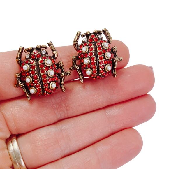 Signed Heidi Daus Ladybug Clip On Earrings Red White Rhinestone Vintage Whimsy - Picture 2 of 10